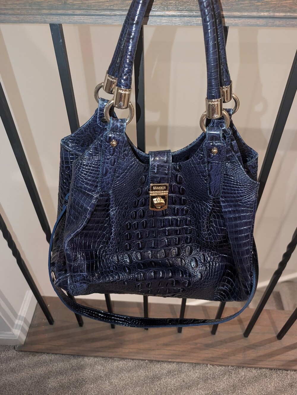 Brahmin Dark Navy Croc-Embossed Leather Shoulder Bag with Gold Hardware